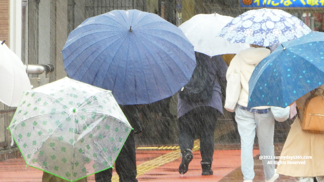 大雨と傘をさす人々